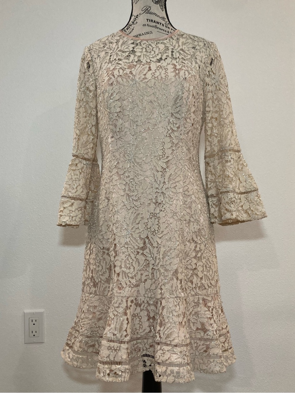 Eliza J Lace Bell Sleeve Fit & Flare Mini Dress Ivory Champagne Silver Thread 8